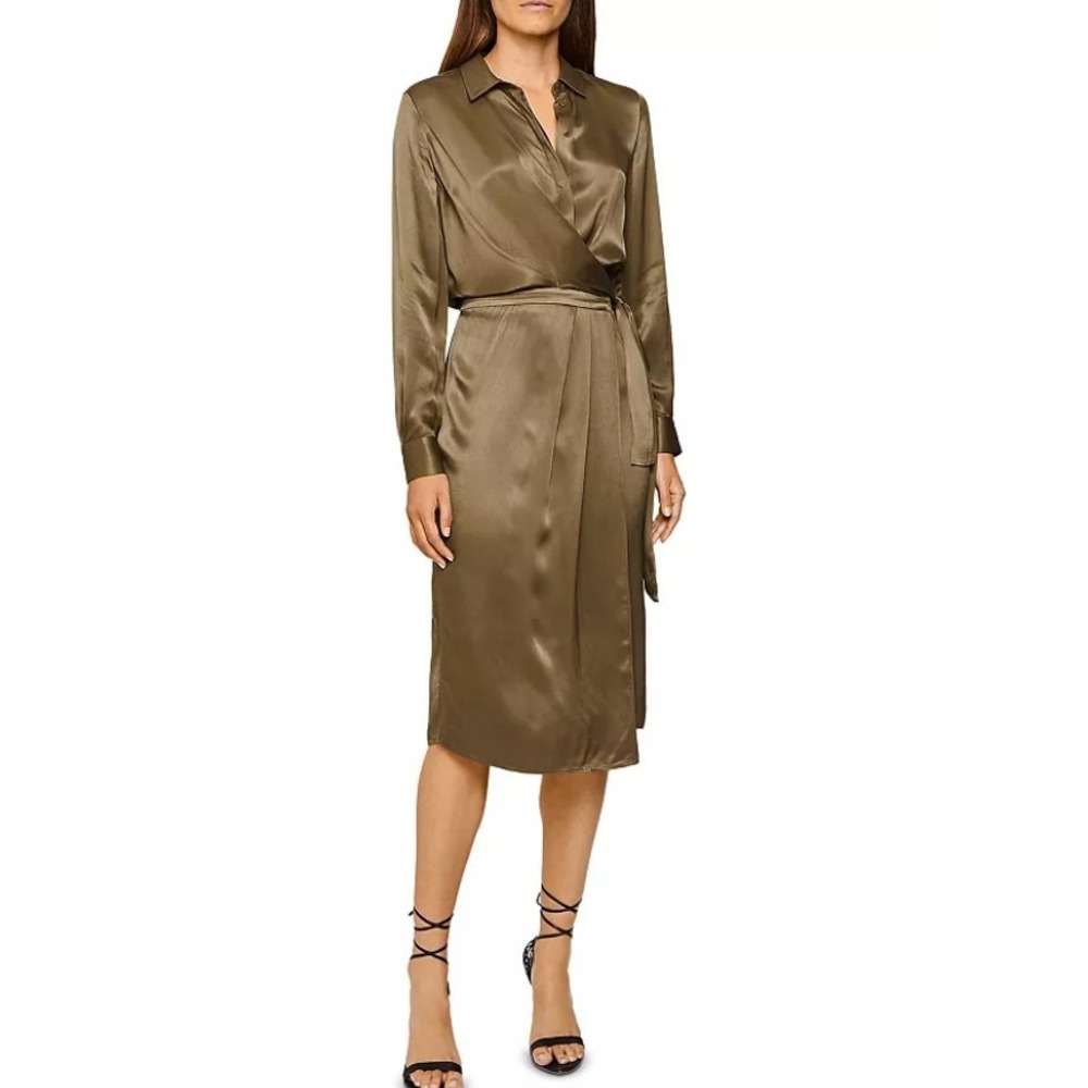 Reiss Katie Collared Wrap Dress Long Sleeve Midi Satin Olive Green Size 6